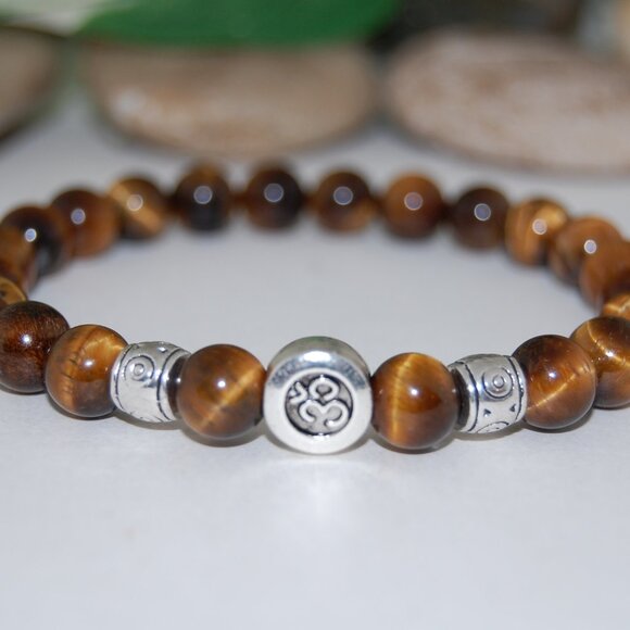 Tiger Eye Bracelet,Om Bracelet,Yoga Bracelet,Om Tiger Eye Bracelet,8mm Beads - Picture 2 of 2